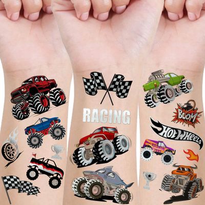Groovy Metallic Temporary Tattoos Monster Truck, 63+ PCS Cartoon Flash Glitter Silver Trucks Tattoos For Kids Boys Girls Child, Racing Car Checkered Flag Wheel Trophy Flames Face Tattoo Party Supplies