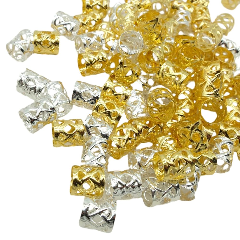 100PCS Golden Metal African Hair Rings Beads Cuffs Tube Adult Unisex Dreadlock Dread Hair Braids Jewelry Decoration Hair Braid Rings Clips Hair Braid Rings Hair Braid Rings Silver 100pcs Beads