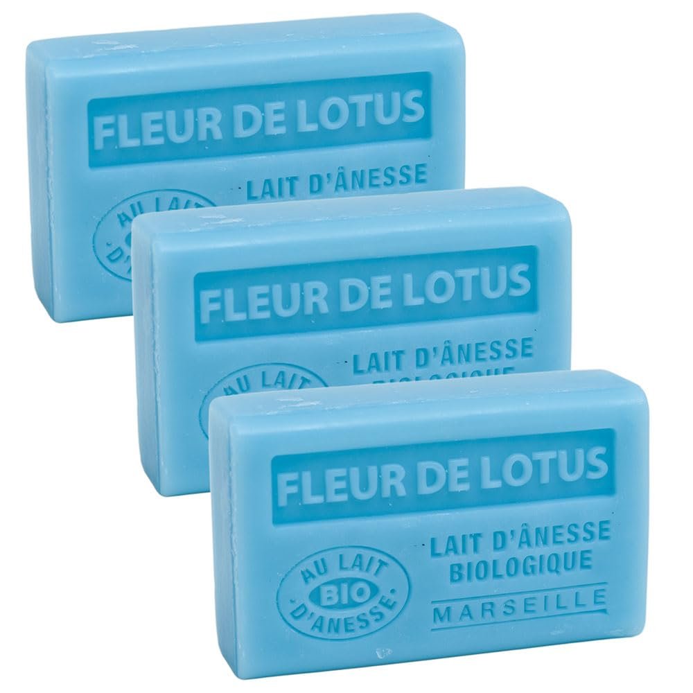 Label Provence Savon de Marseille - French Soap Made With Fresh Organic Donkey Milk - Lotus Flower Fragrance - 60 Gram Bar - Set of 3