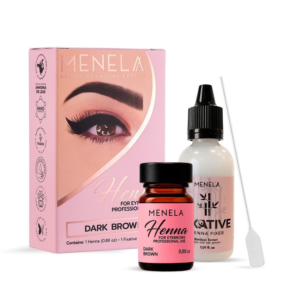 MENELA Eyebrow Henna Tint Kit - Dark Brown Brow Color with Bamboo Extract - Natural Look, Easy Application - 2.5g Henna + 15ml Fixer - Ammonia-Free, Vegan, Cruelty-Free
