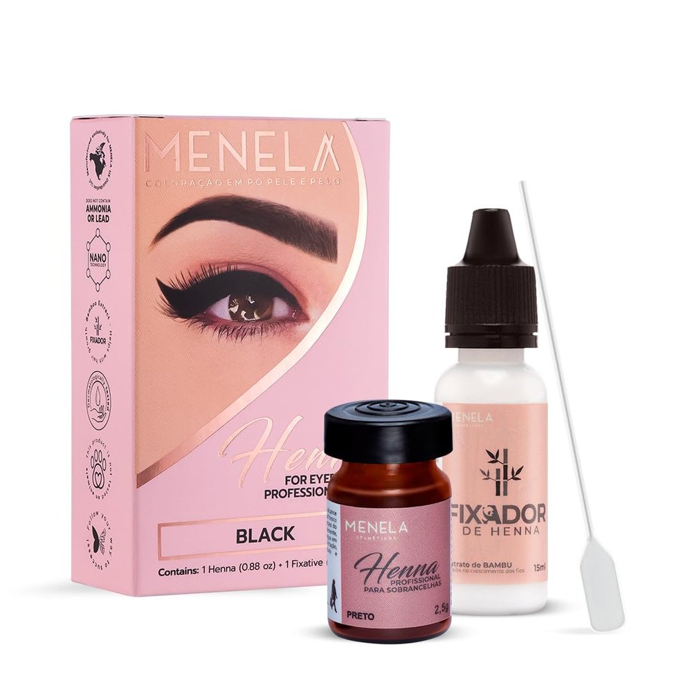 MENELA Eyebrow Henna Tint Kit - Black Brow Color with Bamboo Extract - Natural Look, Easy Application - 2.5g Henna + 15ml Fixer - Ammonia-Free, Vegan, Cruelty-Free