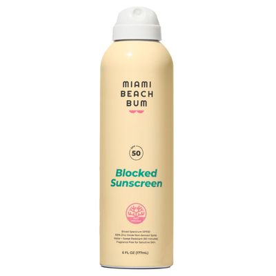 Miami Beach Bum SPF 50 Blocked Mineral BOV Spray (6 Fl oz), with Algae, Aloe & Antioxidants, Broad Spectrum Sunscreen Non-Aerosol, Hawaii Reef Compliant - Octinoxate, Oxybenzone & Petroleum Free