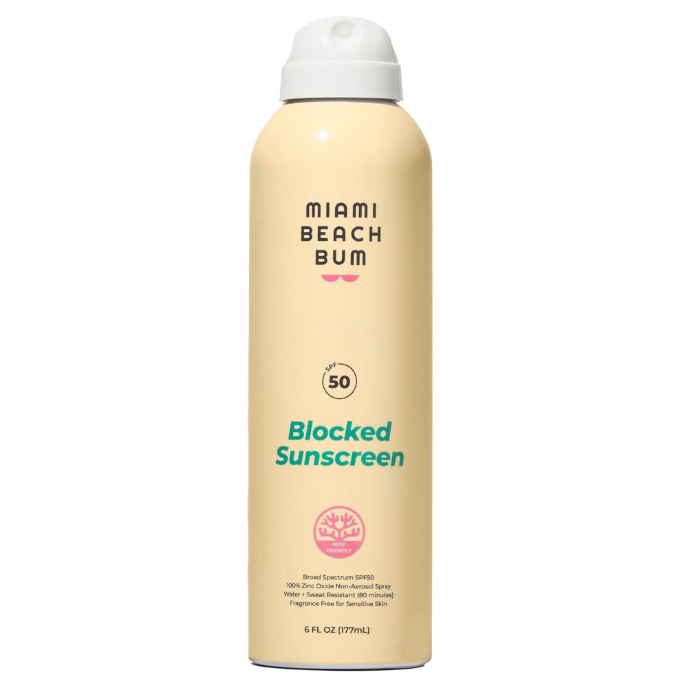 Miami Beach Bum SPF 50 Blocked Mineral BOV Spray (6 Fl oz), with Algae, Aloe & Antioxidants, Broad Spectrum Sunscreen Non-Aerosol, Hawaii Reef Compliant - Octinoxate, Oxybenzone & Petroleum Free