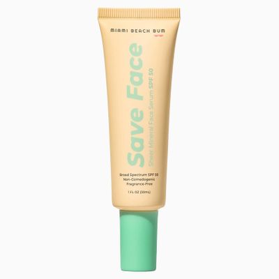 Miami Beach Bum SPF 50 Save Face Mineral Serum Facial Moisturizer, Skincare Cream, Reef Friendly, with Zinc, Algae, Aloe & Antioxidants - Paraben, Sulfate & Fragrance Free 1.0oz
