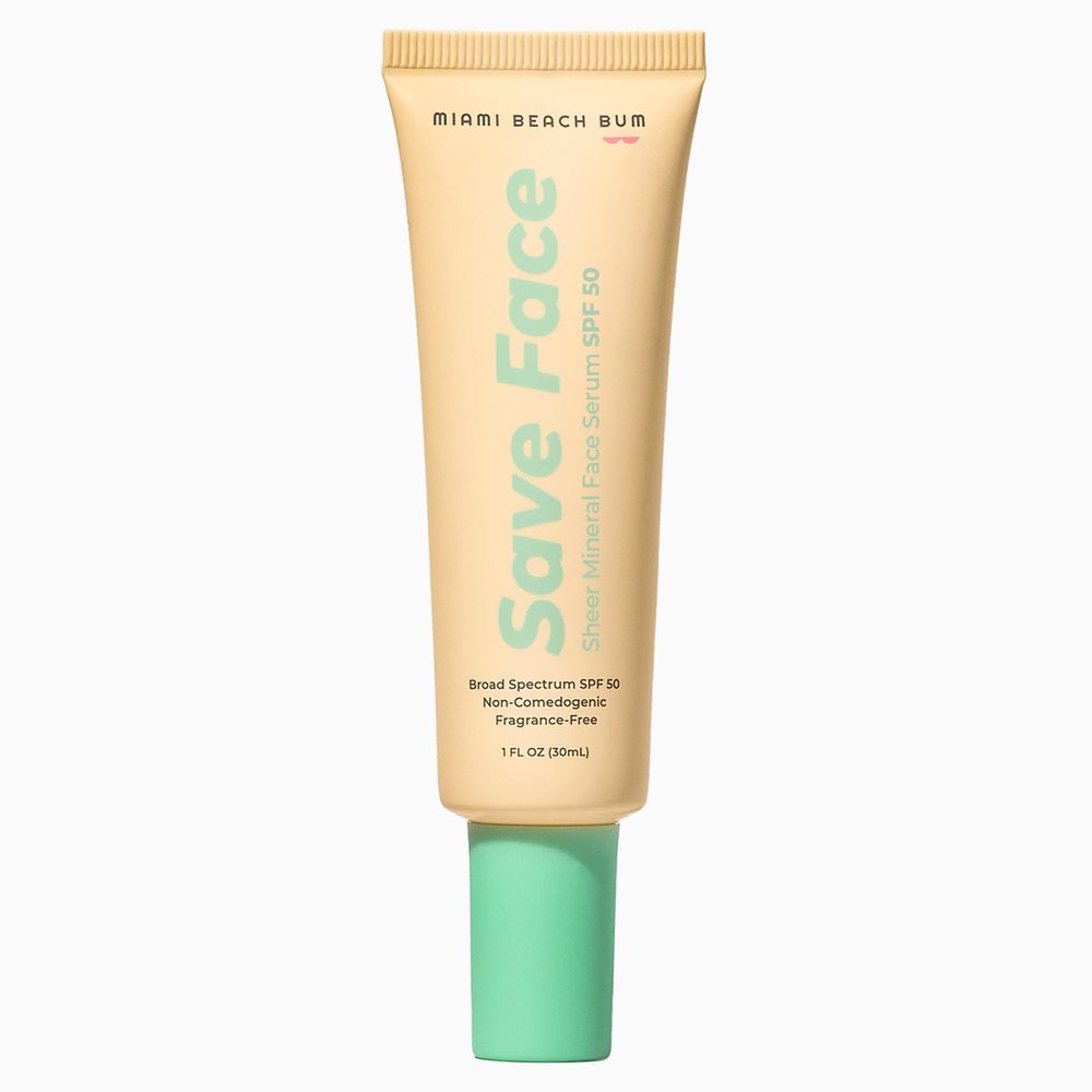 Miami Beach Bum SPF 50 Save Face Mineral Serum Facial Moisturizer, Skincare Cream, Reef Friendly, with Zinc, Algae, Aloe & Antioxidants - Paraben, Sulfate & Fragrance Free 1.0oz