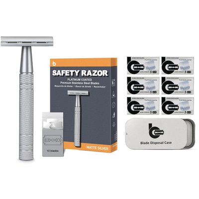 BULIMICA Matte Silver Safety Razor Kit, Includes 1 Safety Razor with 10 Blades and 1 Razor Blade Bank with 30 Blades