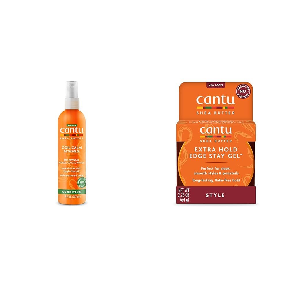 Cantu Coil Calm Detangler with Shea Butter for Natural Hair 8 oz & Extra Hold Edge Stay Gel with Shea Butter 2.25 oz Bundle