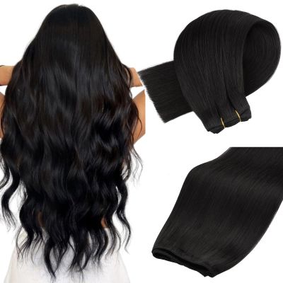 MAXITA Sew in Hair Extensions Real Human Hair Natural Black Weft Hair Extensions 16 inch 80g human hair weft extensions Double Weft Soft Silky Straight hair extensions sew in