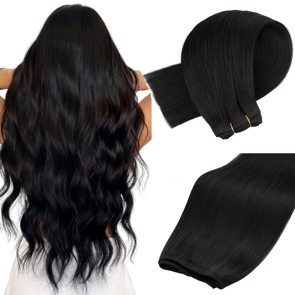 MAXITA Sew in Hair Extensions Real Human Hair Natural Black Weft Hair Extensions 16 inch 80g human hair weft extensions Double Weft Soft Silky Straight hair extensions sew in