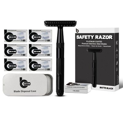 BULIMICA Matte Black Upgrade Open Comb Design Safety Razor Kit, Includes 1 Safety Razor with 10 Blades and 1 Razor Blade Bank with 30 Blades
