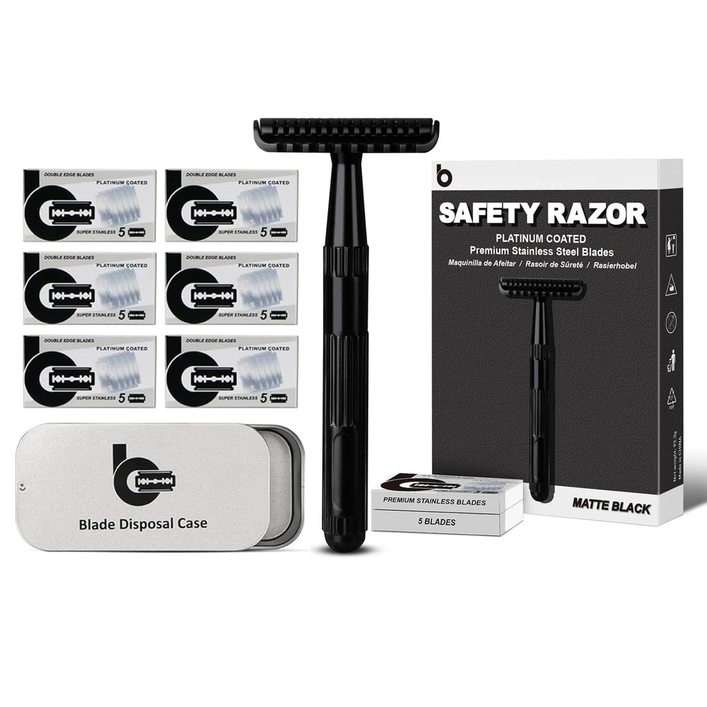 BULIMICA Matte Black Upgrade Open Comb Design Safety Razor Kit, Includes 1 Safety Razor with 10 Blades and 1 Razor Blade Bank with 30 Blades
