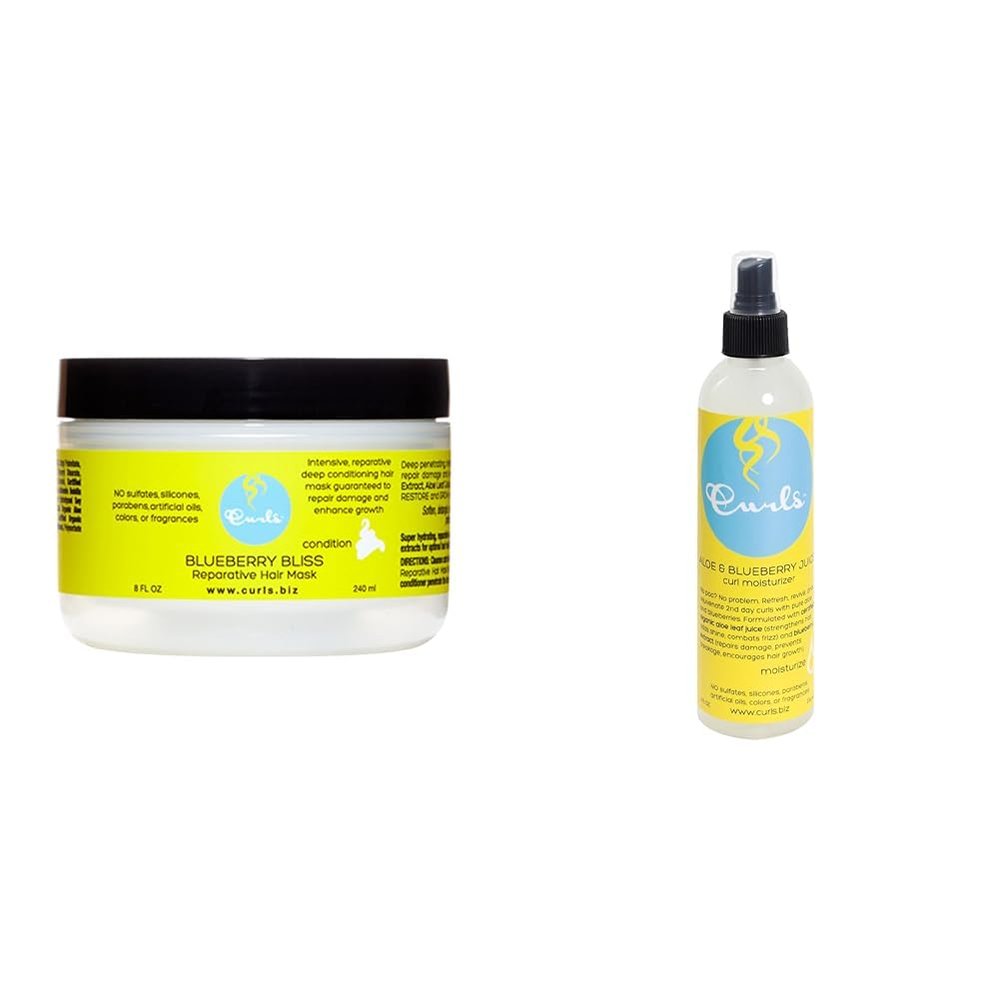 Curls Blueberry Bliss Hair Mask and Moisturizer Bundle - Repair, Protect, Restore, Grow, and Refresh 8 Fl Oz and 8oz