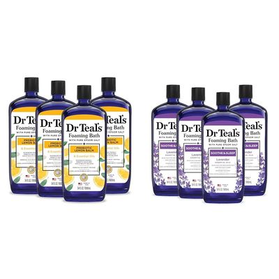 Dr Teal's Foaming Bath with Epsom Salt, Prebiotic Lemon Balm & Lavender Essential Oils, 34 fl oz (Pack of 4) (Packaging May Vary)