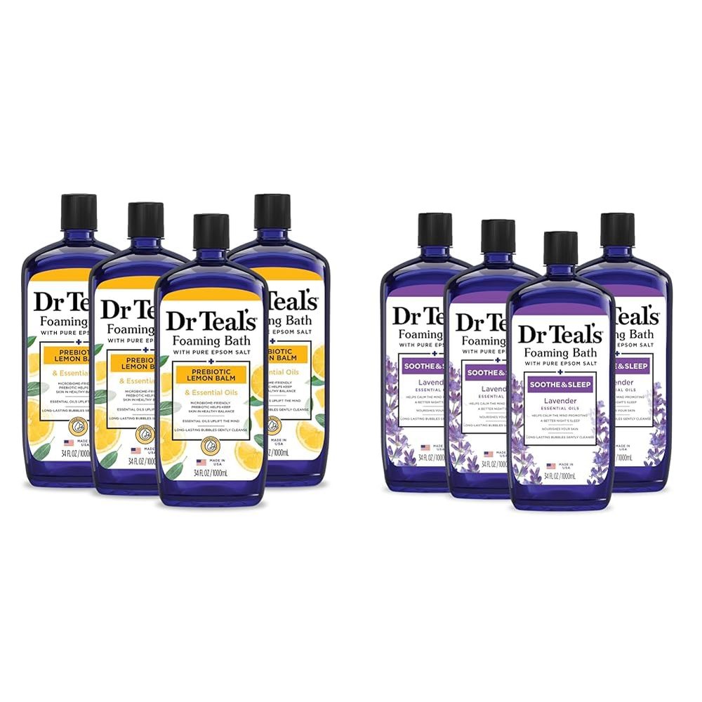 Dr Teal's Foaming Bath with Epsom Salt, Prebiotic Lemon Balm & Lavender Essential Oils, 34 fl oz (Pack of 4) (Packaging May Vary)