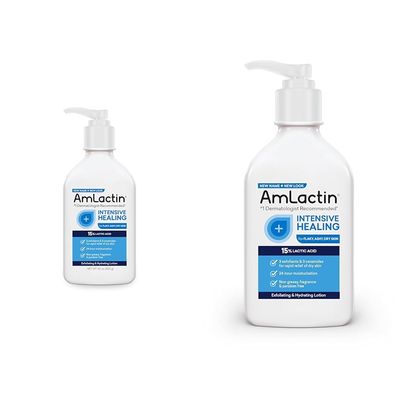 AmLactin Intensive Healing Body Lotion for Dry Skin - 14.1 oz and 7.9 oz Pump Bottles - 2-in-1 Exfoliator & Moisturizer with Ceramides & 15% Lactic Acid