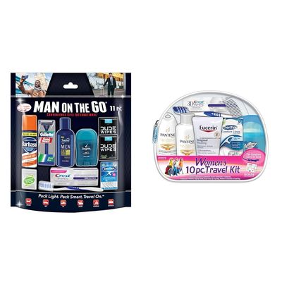 Convenience Kits International Men's 11 Piece Travel Kit with Grooming Essentials and Women's 10 Piece Deluxe Travel Kit with TSA Compliant Toiletries