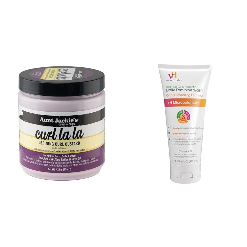 Aunt Jackie's Curl Defining Custard 15 Oz & vH essentials Feminine Wash Tea Tree 6 Fl Oz