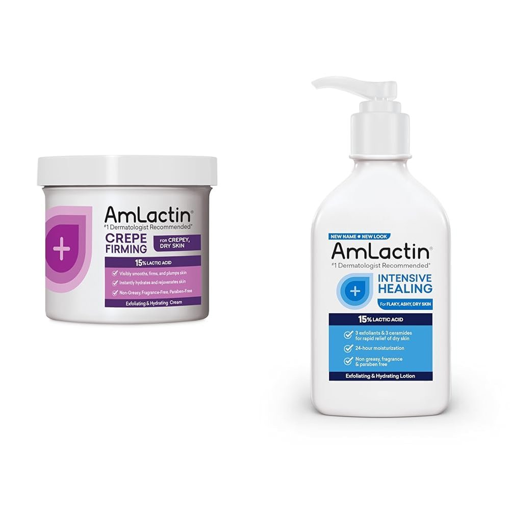 AmLactin Crepe Firming 12 oz Cream & Intensive Healing 7.9 oz Lotion Bundle - Exfoliator and Moisturizer
