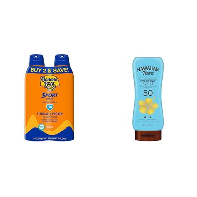 Banana Boat Sport Ultra SPF 30 Sunscreen Spray Twin Pack & Hawaiian Tropic SPF 50 Sunscreen Lotion Active Everyday Pack