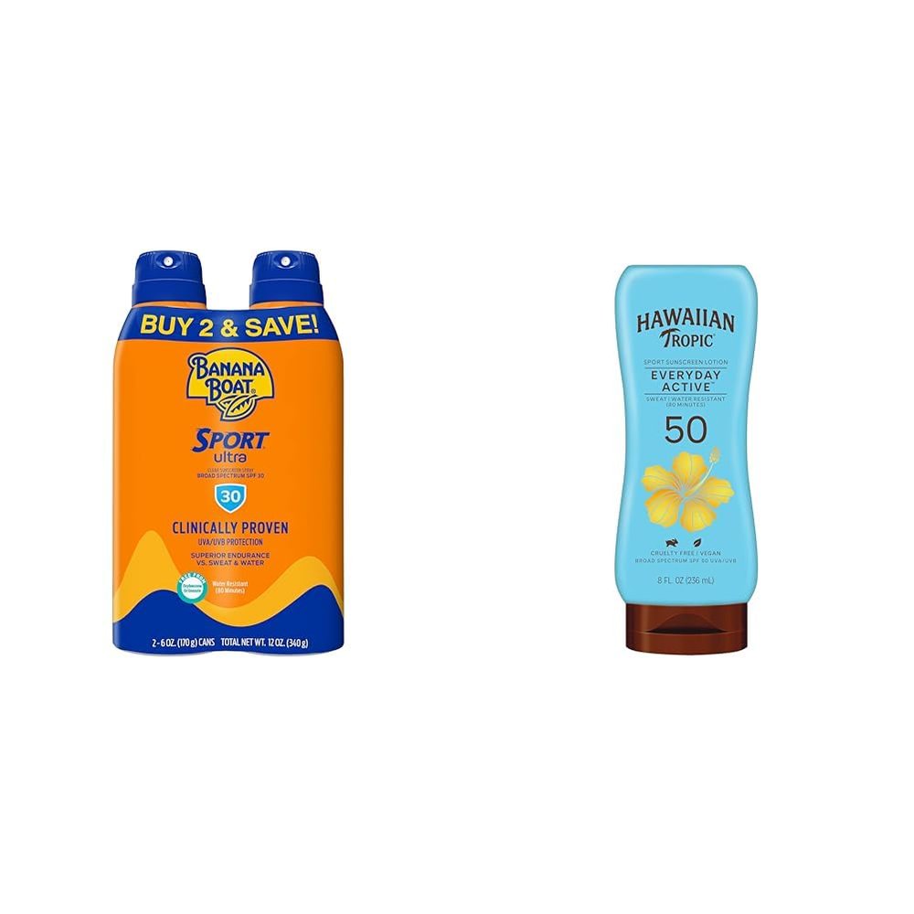 Banana Boat Sport Ultra SPF 30 Sunscreen Spray Twin Pack & Hawaiian Tropic SPF 50 Sunscreen Lotion Active Everyday Pack