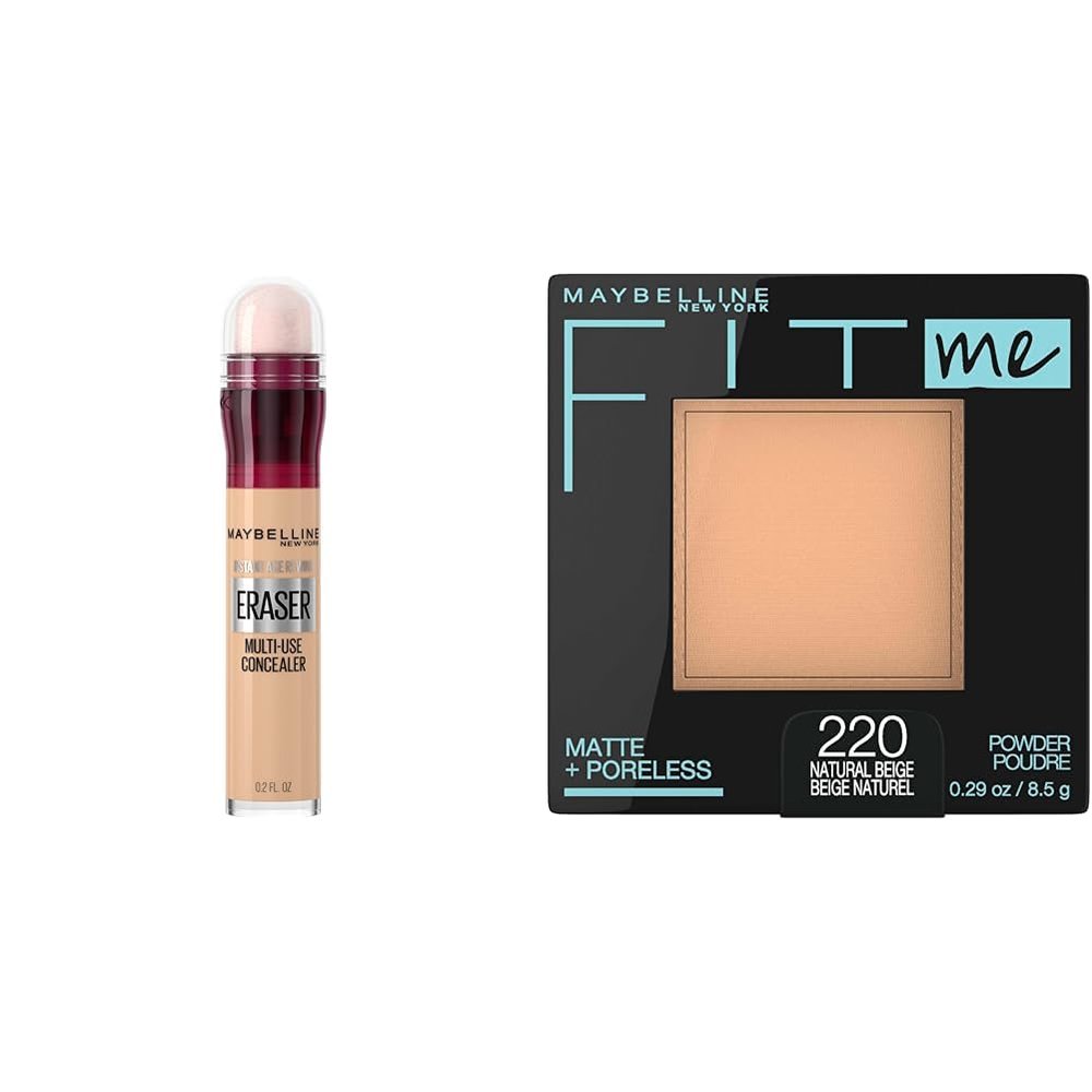 Maybelline Instant Age Rewind Dark Circles Concealer & Matte + Poreless Pressed Powder, 120 & Natural Beige, 1 Count Each