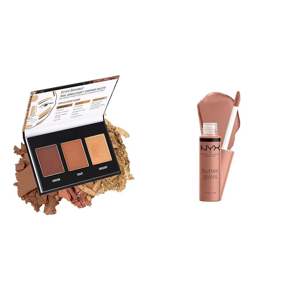 Black Radiance Contour Palette, Medium to Dark 0.38oz & NYX Butter Gloss - Madeleine (Mid-Tone Nude)