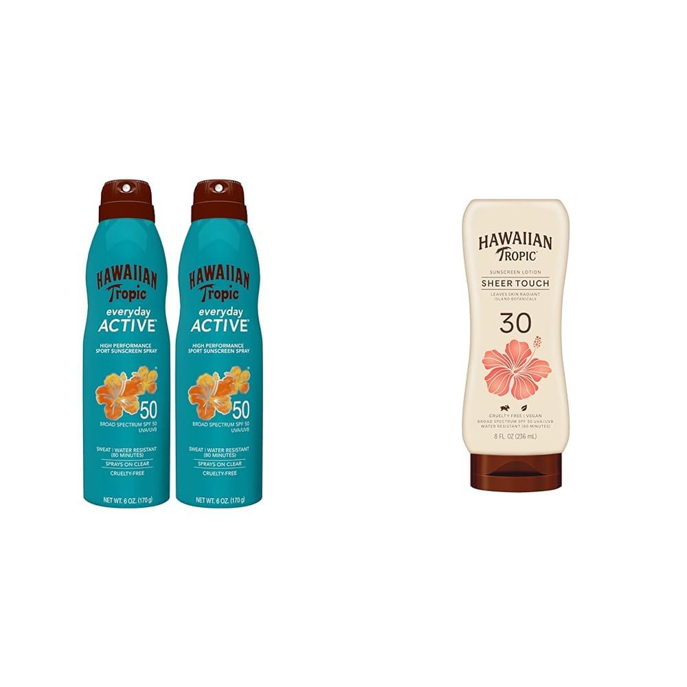 Hawaiian Tropic Everyday Active Spray SPF 50 Twin Pack and Sheer Touch Ultra Radiance Lotion SPF 30