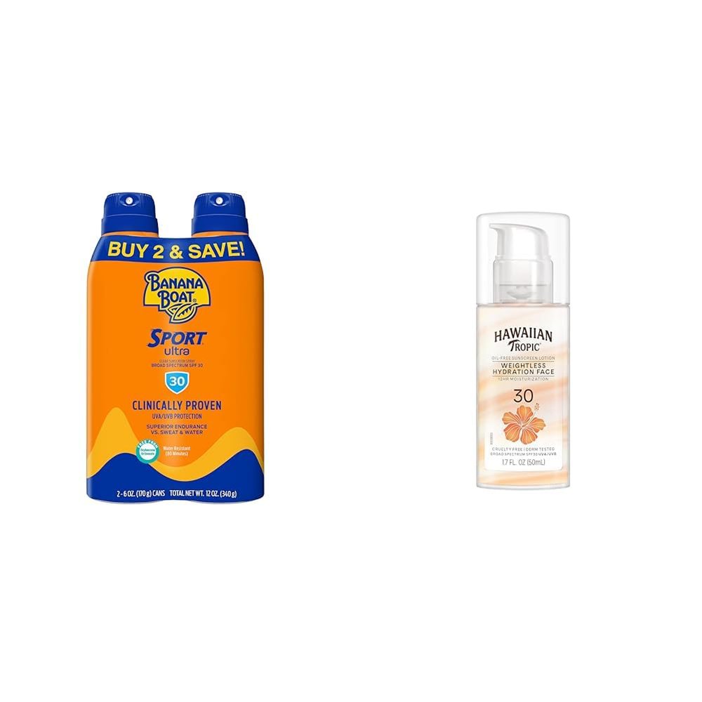 Banana Boat Sport Ultra SPF 30 Sunscreen Spray Twin Pack & Hawaiian Tropic SPF 30 Face Sunscreen Travel Size