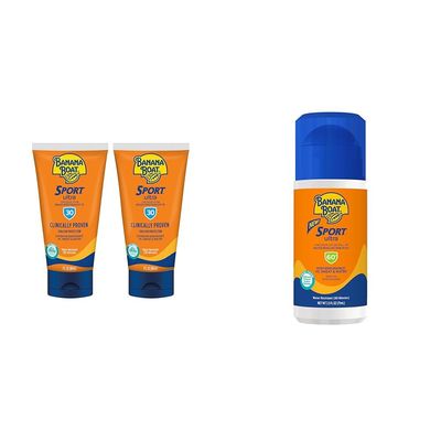 Banana Boat Sport Ultra Sunscreen Lotion SPF 30 Twin Pack and SPF 60 Roll On Sunscreen 2.5oz Travel Size Sweat & Water Resistant Sunblock