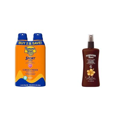Banana Boat Sport Ultra SPF 50 Sunscreen Spray Twin Pack and Hawaiian Tropic Island Tanning Oil Spray SPF 6, 8oz