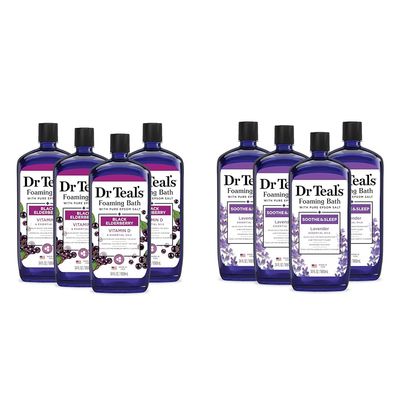 Dr Teal's Foaming Bath Bundle with Pure Epsom Salt, Black Elderberry with Vitamin D, 34 fl oz (Pack of 4) and Soothe & Sleep with Lavender, 34 fl oz (Pack of 4)