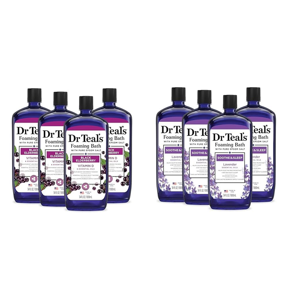 Dr Teal's Foaming Bath Bundle with Pure Epsom Salt, Black Elderberry with Vitamin D, 34 fl oz (Pack of 4) and Soothe & Sleep with Lavender, 34 fl oz (Pack of 4)