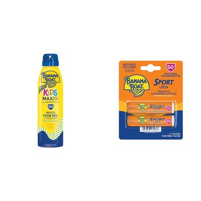 Banana Boat Kids Max Protect & Play Clear Spray Sunscreen SPF 100 6oz + Sport Ultra Lip Balm SPF 50 Twin Pack