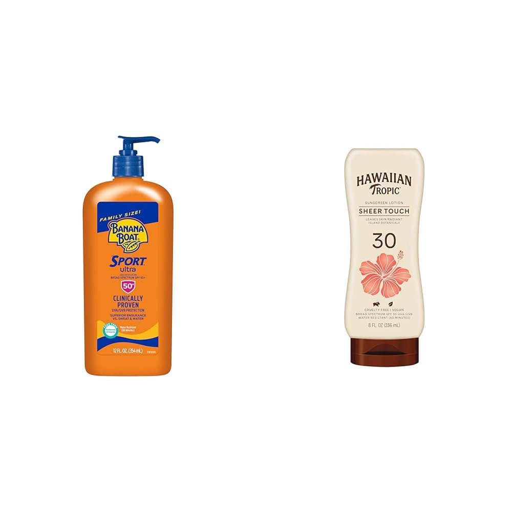 Banana Boat Sport Ultra SPF 50 Sunscreen 12oz & Hawaiian Tropic Sheer Touch Ultra Radiance SPF 30 Sunscreen 8oz Bundle