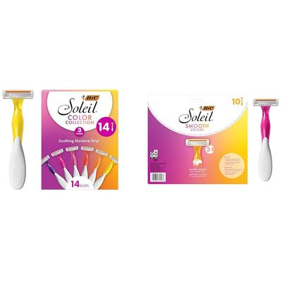BIC Soleil Smooth Colors Women's Disposable Razors With Aloe Vera and Vitamin E Lubricating Strip, 3 Blades, 14 Count and 10 Count