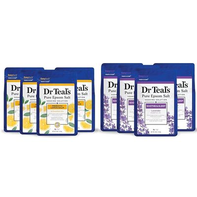 Dr Teal's Pure Epsom Salt Soak Bundle with Prebiotic Lemon Balm & Lavender, 3 lbs (Pack of 4) (Packaging May Vary)