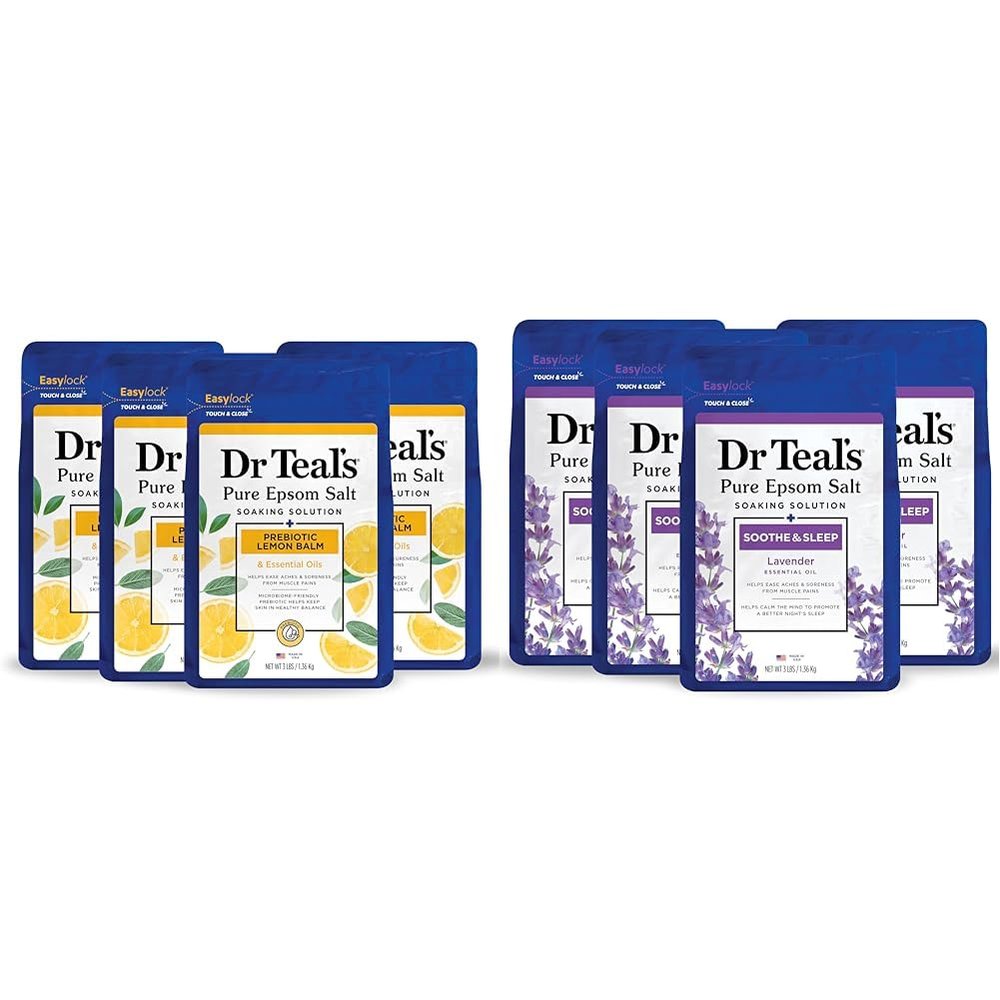 Dr Teal's Pure Epsom Salt Soak Bundle with Prebiotic Lemon Balm & Lavender, 3 lbs (Pack of 4) (Packaging May Vary)