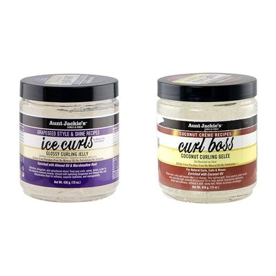Aunt Jackie's Grapeseed Ice Curls 15oz and Coconut Curl Boss 15oz Curling Gels for Natural Hair Waves, Curls and Coils