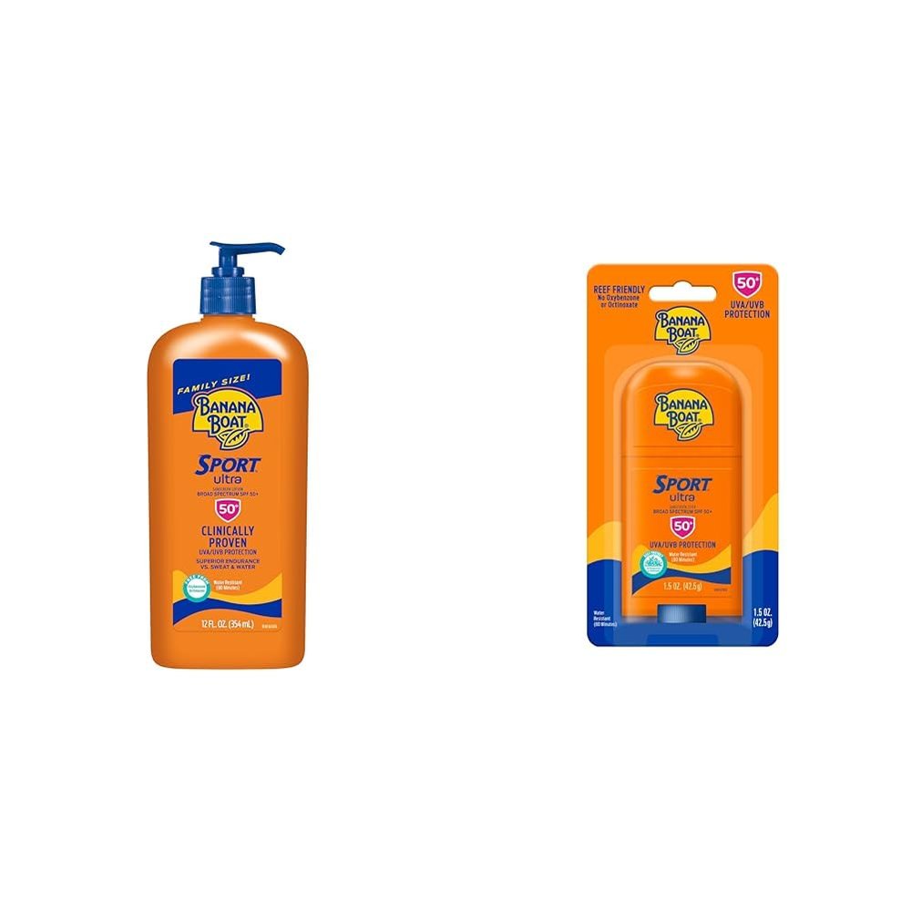 Banana Boat Sport Ultra SPF 50 Sunscreen Lotion 12oz & Sport Ultra Reef Friendly Stick SPF 50 1.5oz Sun Protection