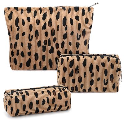 3 Pcs Makeup Bag Cosmetic Bag Set for Girls Women Travel Organizer Bathroom Toiletry Pouch Large Capacity Storage Bag (Leopard Brown)