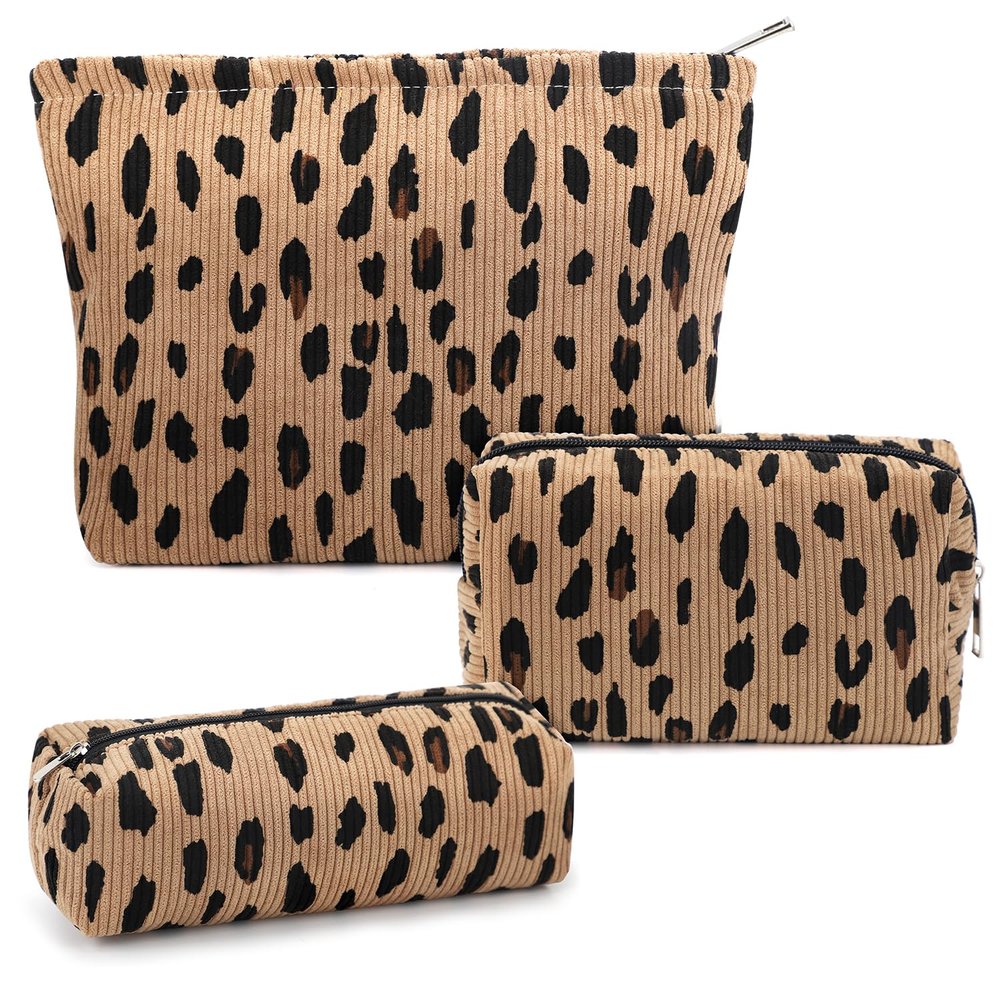 3 Pcs Makeup Bag Cosmetic Bag Set for Girls Women Travel Organizer Bathroom Toiletry Pouch Large Capacity Storage Bag (Leopard Brown)