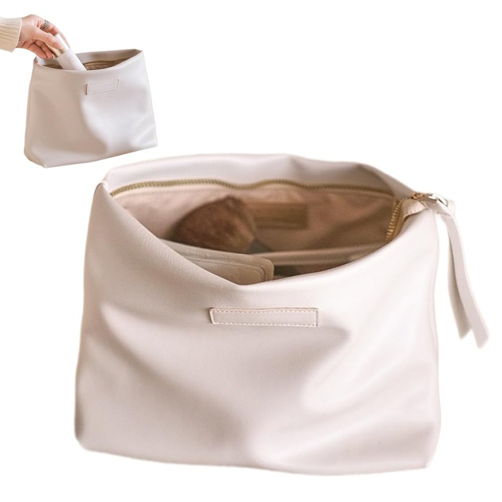BIVIZKU Makeup Bag Large Capacity Makeup Pouch Travel Cosmetic Bag for Women Cosmetics Skincare Care Organizer with Compartments (Creamy White)