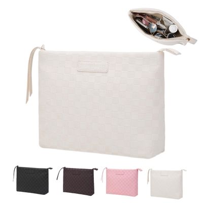 BIVIZKU Checkered Makeup Bag Large Capacity Makeup Pouch Travel Cosmetic Bag for Women Cosmetics Skincare Care Organizer with Compartments (White Checkered)