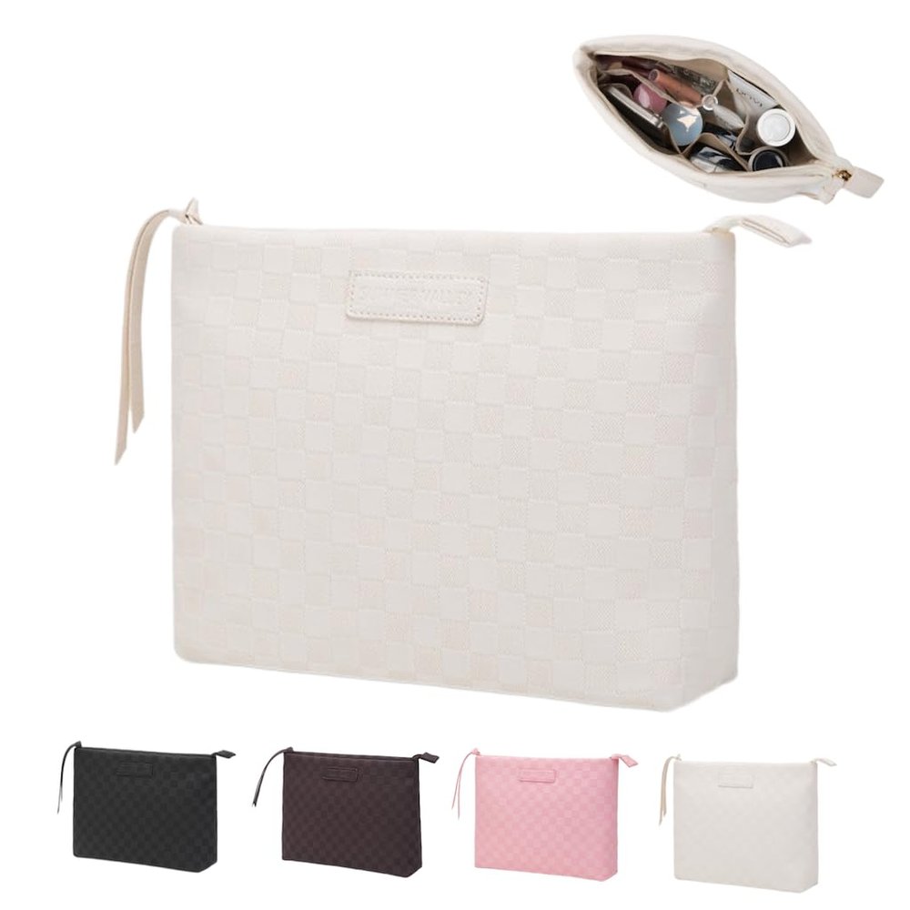 BIVIZKU Checkered Makeup Bag Large Capacity Makeup Pouch Travel Cosmetic Bag for Women Cosmetics Skincare Care Organizer with Compartments (White Checkered)