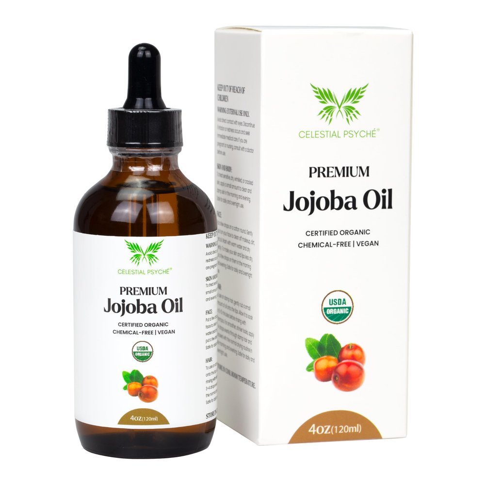 Celestial Psych USDA Certified Organic Jojoba Oil (4 Oz) 100% Pure Natural, Chemical-Free, Hexane-Free, Hair Growth, Scalp Care, Skin Hydration, Nails Natural Beauty Enhancement, Anti-Aging