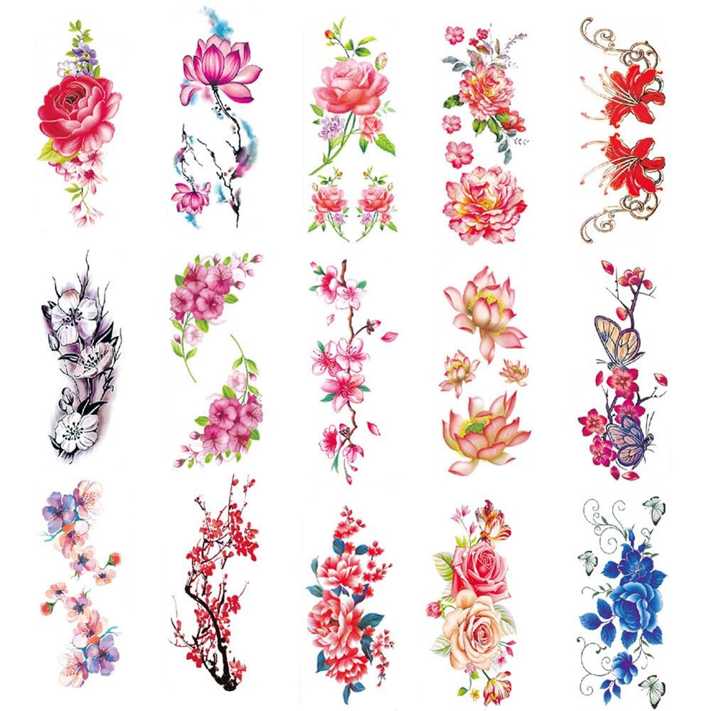 15 Sheets Flower Temporary Tattoos for Adults Women Long Lasting Waterproof Fake Tattoos Realistic Floral Tattoos Temporary Arm Tattoo Stickers Large Flower Tattoos Temporary Shoulder Tattoo Stickers
