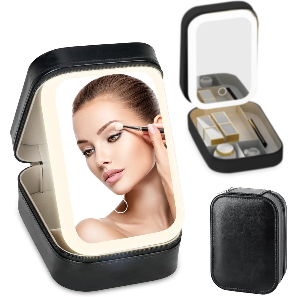 Dannir Travel Makeup Case with LED Mirror, Makeup Bag with Lighted Mirror, Cosmetic Storage Box, Christmas Portable Organizer Vanity Case for Women, Beauty Tool Accessories Rechargeable, Black