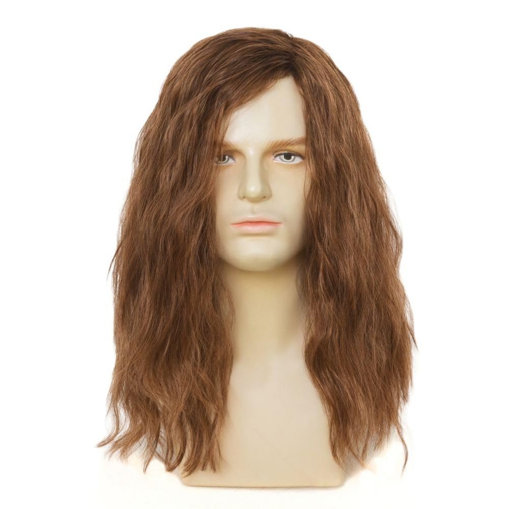 Siudus Mens Long Brown Curly Wig 70s 80s Side Part Synthetic Wigs Fluffy Halloween Cosplay Custome Daily Hair Wig