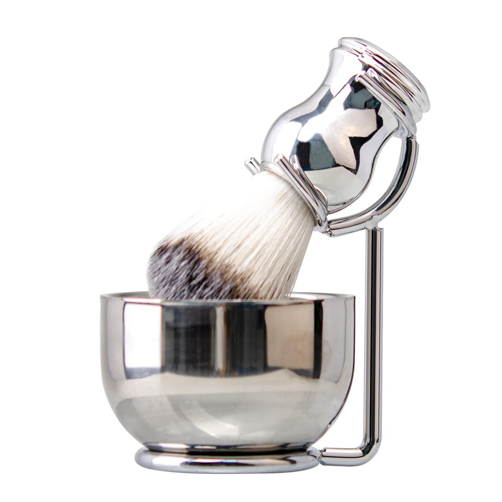 Grandslam Shaving Brush and Bowl Kit for Men, 3 in 1 Shaving Brush Set, Stainless Steel Shaving Bowl and Stand, Shaving Brush, Shaving Kit for Men, Silver