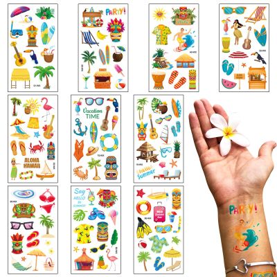 10 Sheets Hawaiian Temporary Tattoos Summer Topic Surfing Temporary Tattoo Sticker Coconut Tree Tattoo for Men Women Summer Holiday Sea Beach Party Favor Makeup Costume Supplies